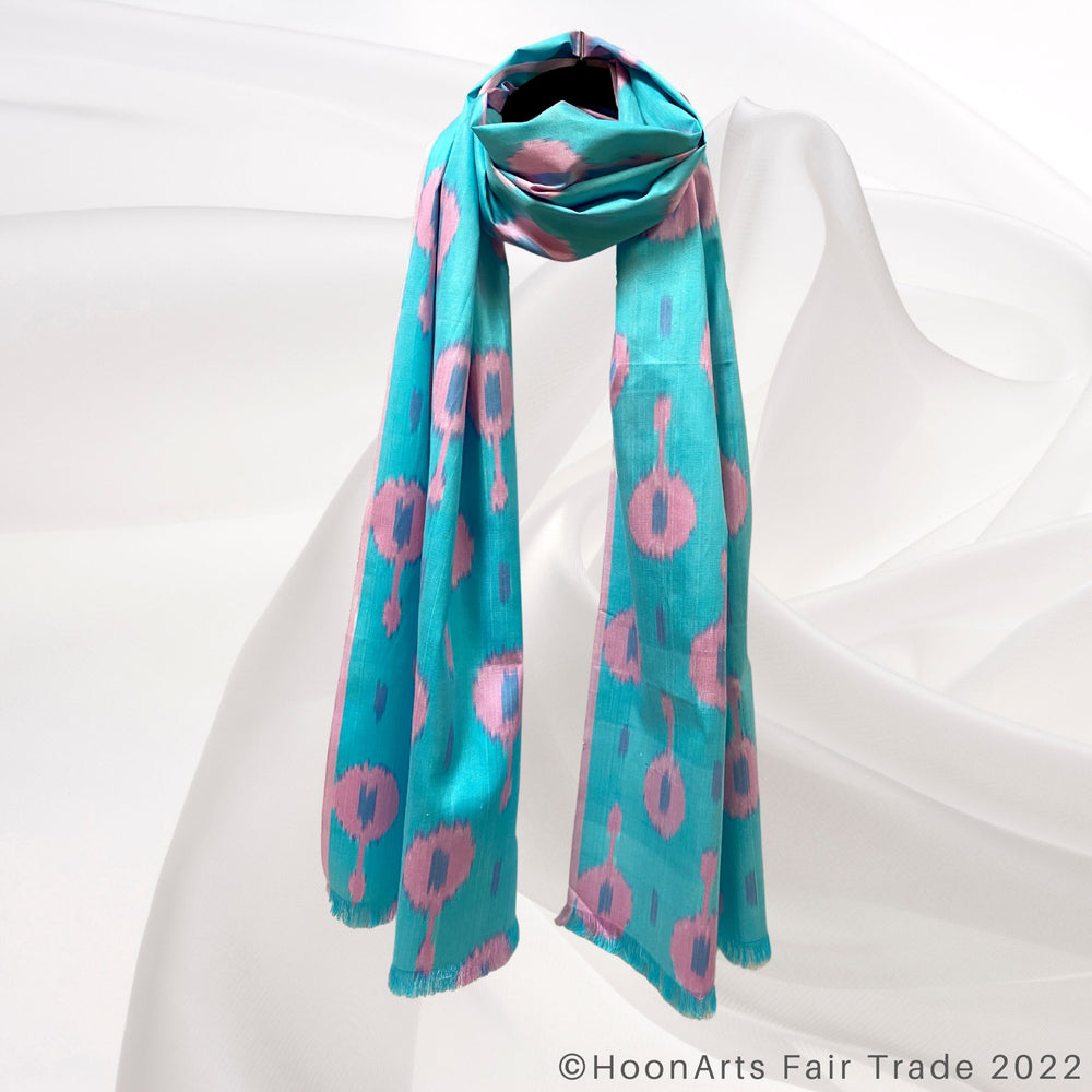 Turquoise & Pink Handwoven Ikat Scarf wrap around neck