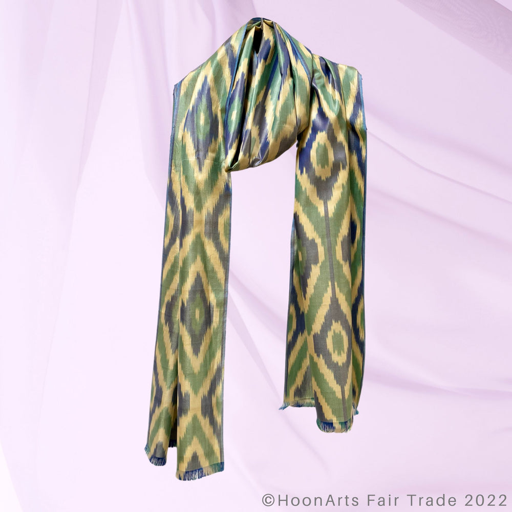 Blue, Green & Golden Diamonds Silk Ikat Scarf wrap around neck