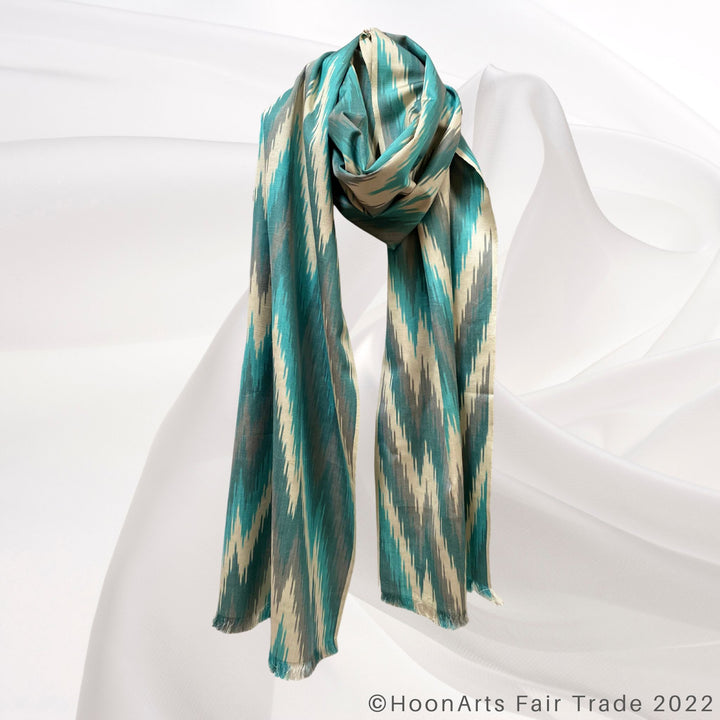Turquoise & Grey Arrow Handwoven Ikat Scarf wrap around neck