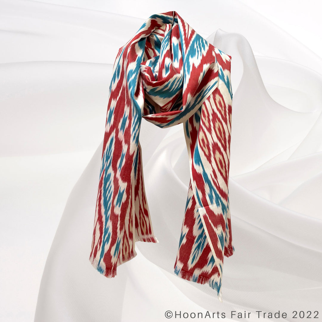 Red Blue & White Ikat Scarf wrap around neck