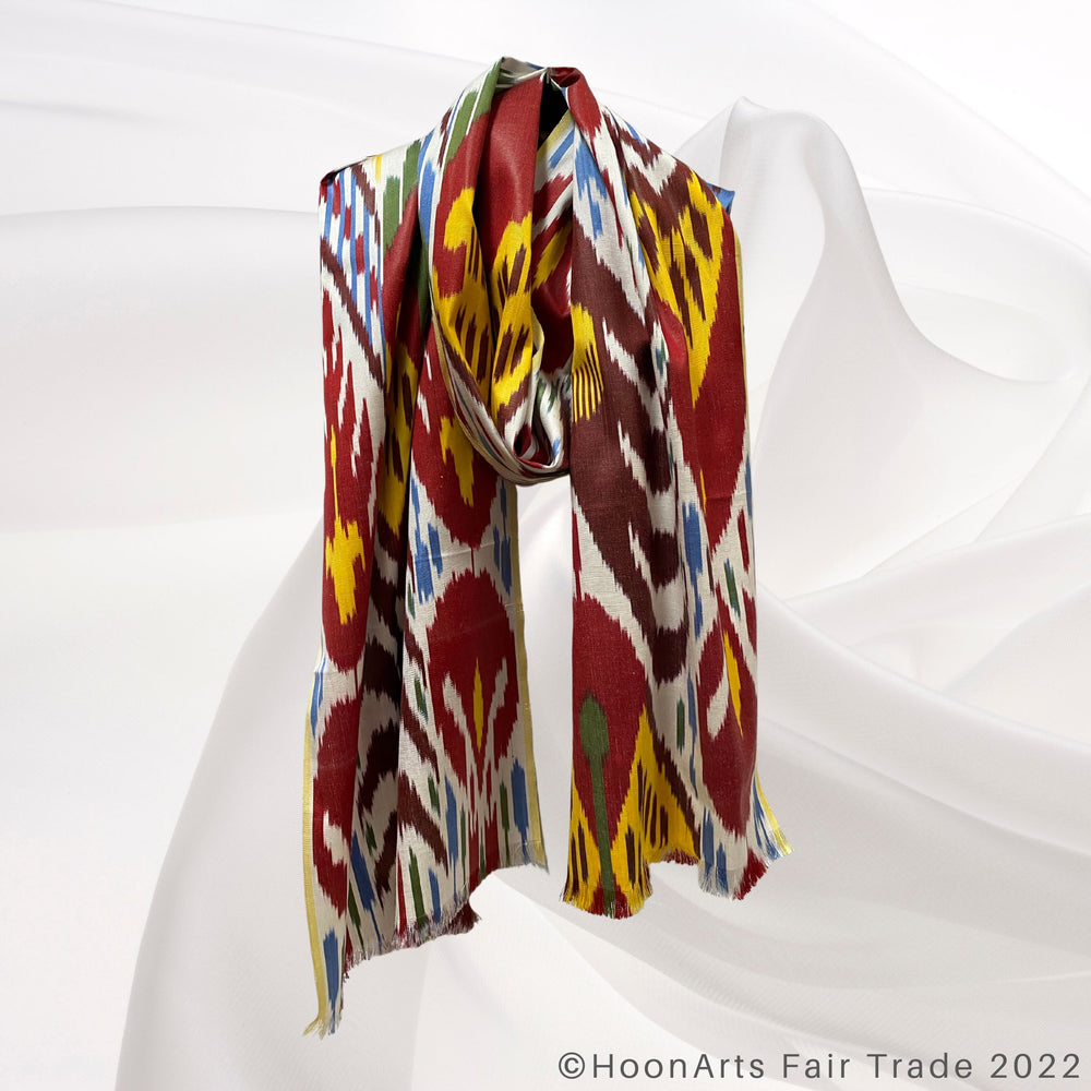 Red, Blue, Yellow and Green Ikat Scarf wrap around neck