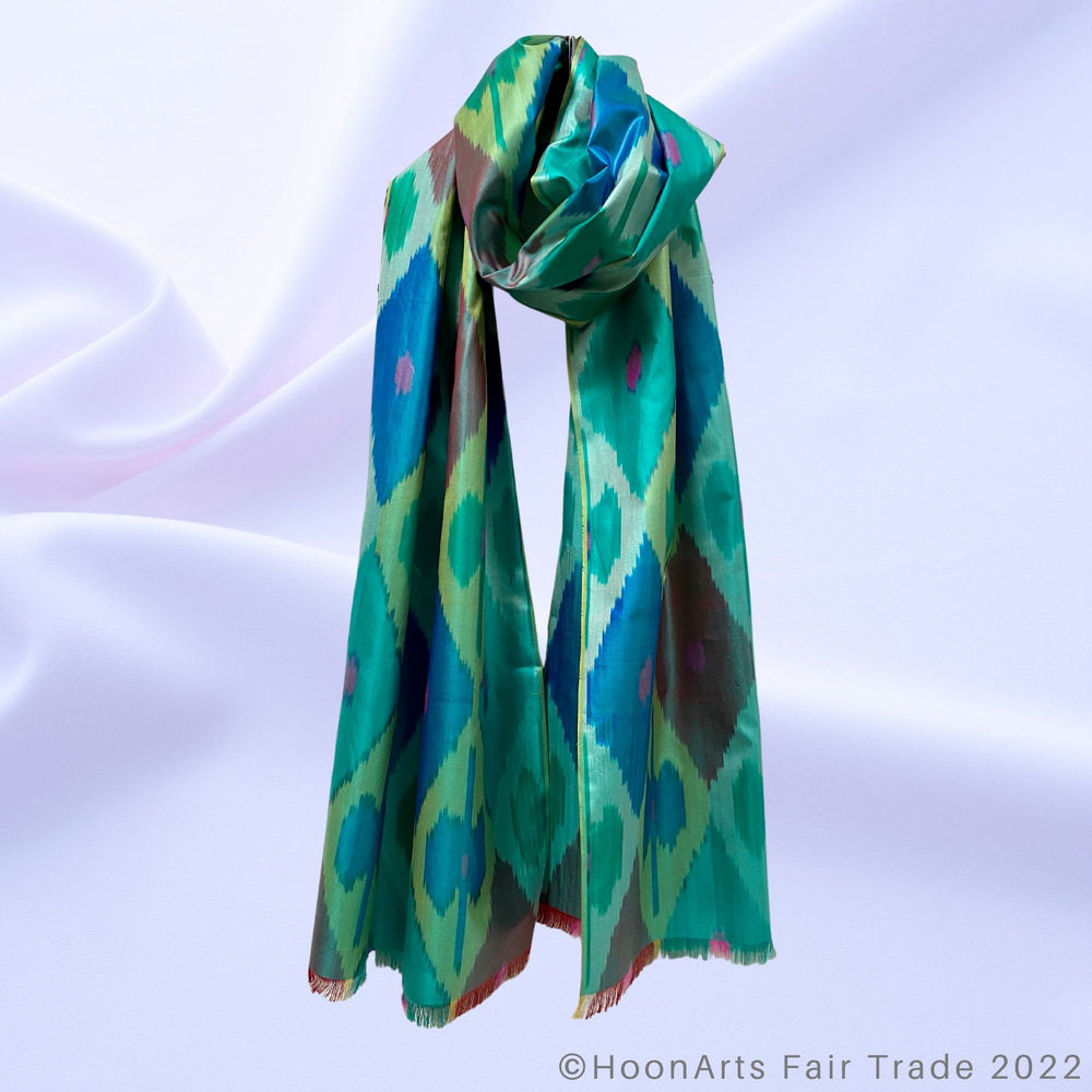 Green Diamonds All Silk Ikat Scarf wrap around neck