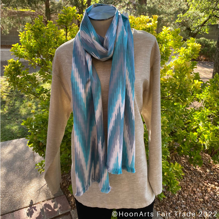 Turquoise & Grey Arrow Handwoven Ikat Scarf wrap around neck mannequin
