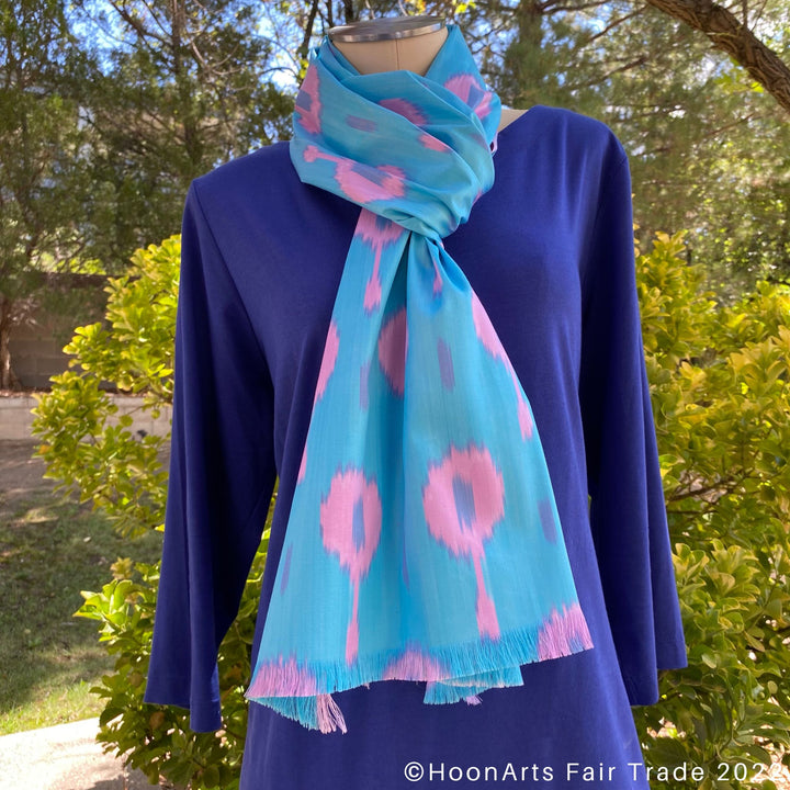 Turquoise & Pink Handwoven Ikat Scarf wrap around neck mannequin
