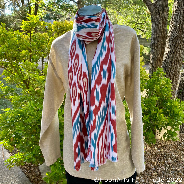 Red Blue & White Ikat Scarf wrap around neck mannequin