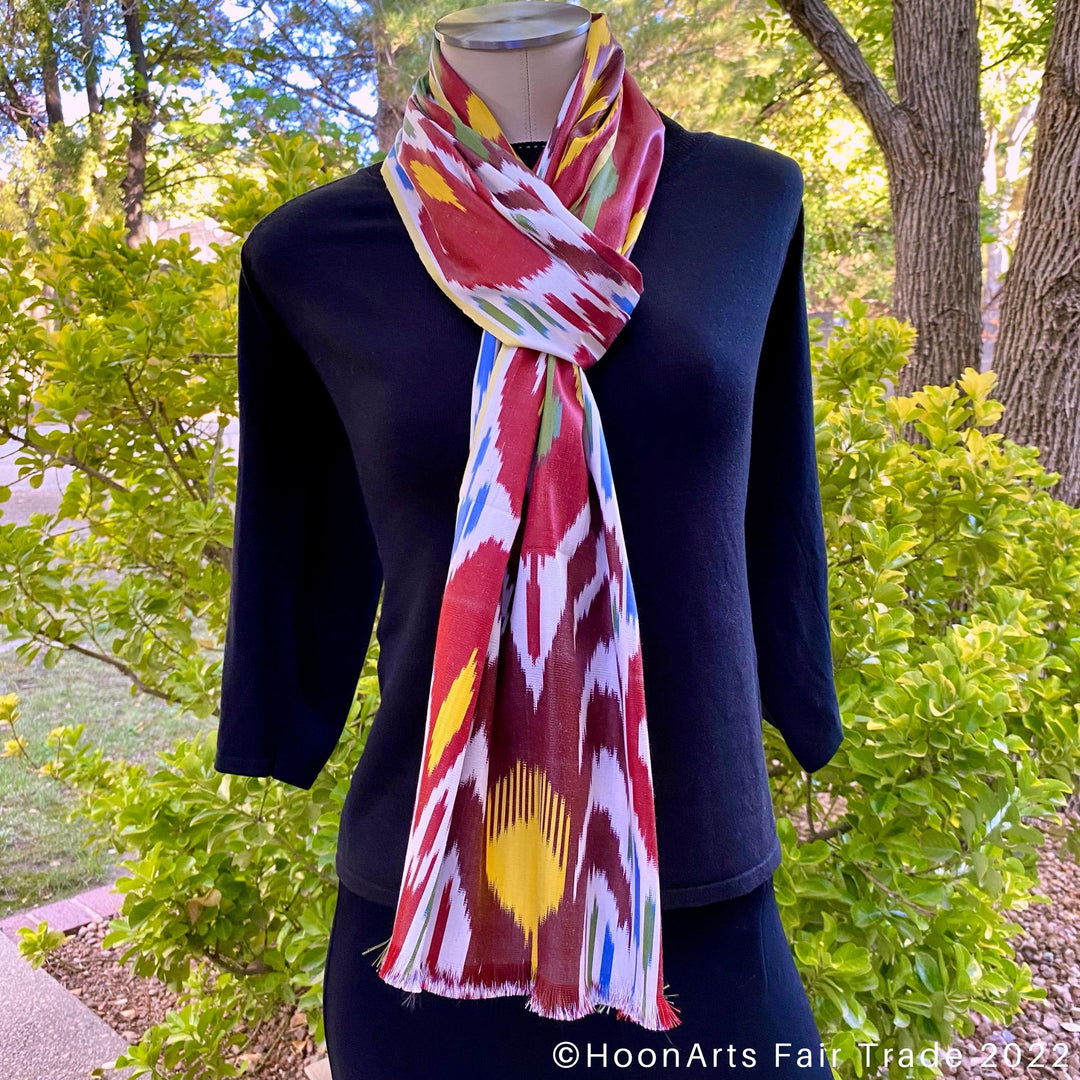 Red, Blue, Yellow and Green Ikat Scarf wrap around neck mannequin
