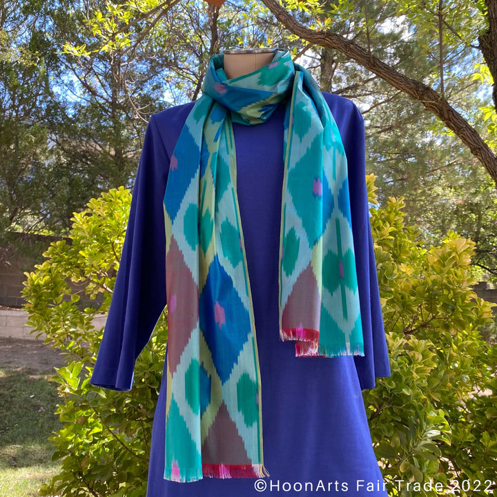 Green Diamonds All Silk Ikat Scarf wrap around neck mannequin 2