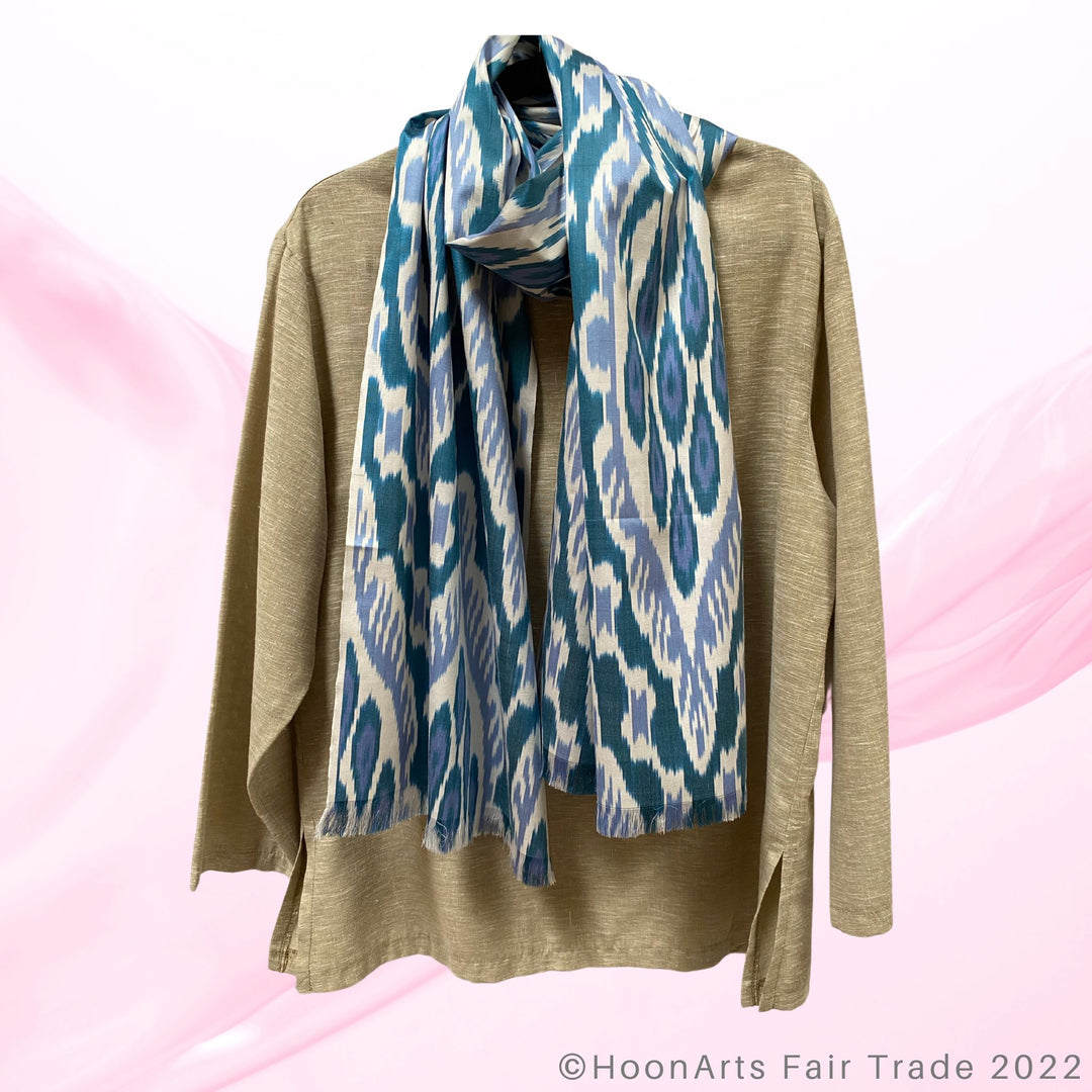 Blue, White & Teal Ikat Scarf wrap around neck with blouse