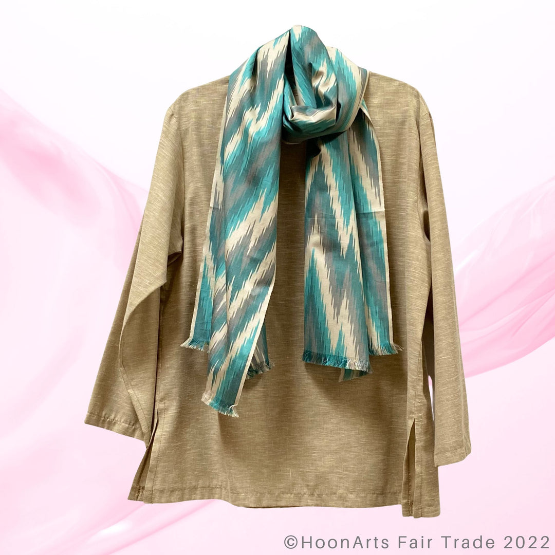 Turquoise & Grey Arrow Handwoven Ikat Scarf wrap around neck with blouse