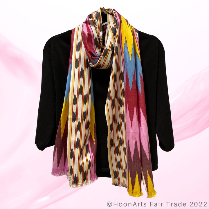 Multicolor Ribbon Pattern Ikat Scarf wrap around neck with blouse