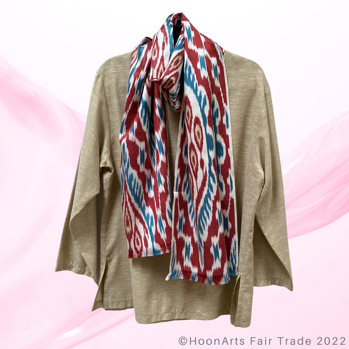 Red Blue & White Ikat Scarf wrap around neck with blouse