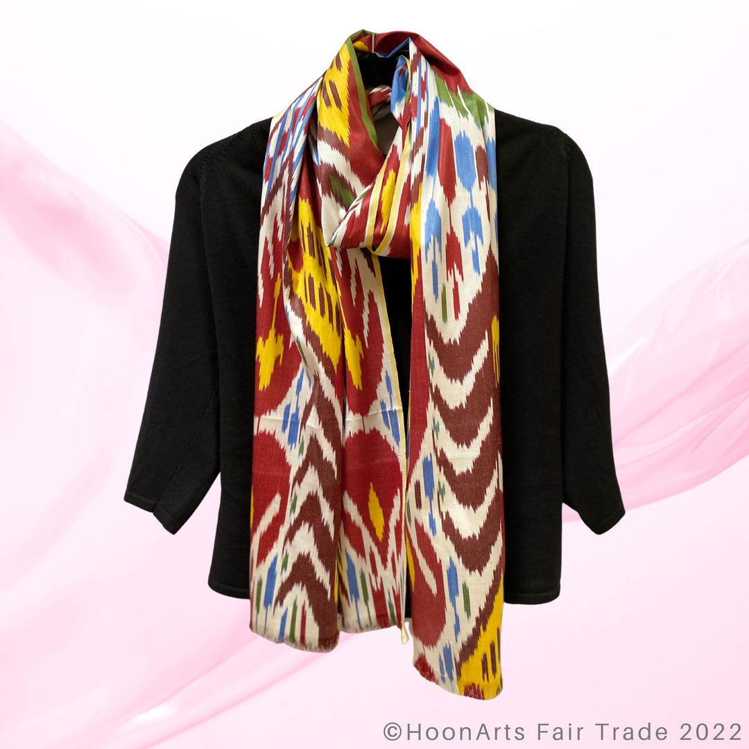 Red, Blue, Yellow and Green Ikat Scarf wrap around neck with blouse