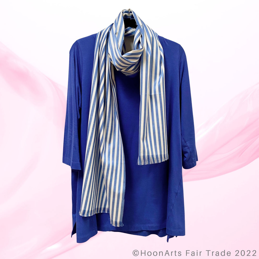 Blue & White Striped Ikat Scarf wrap around neck with blouse