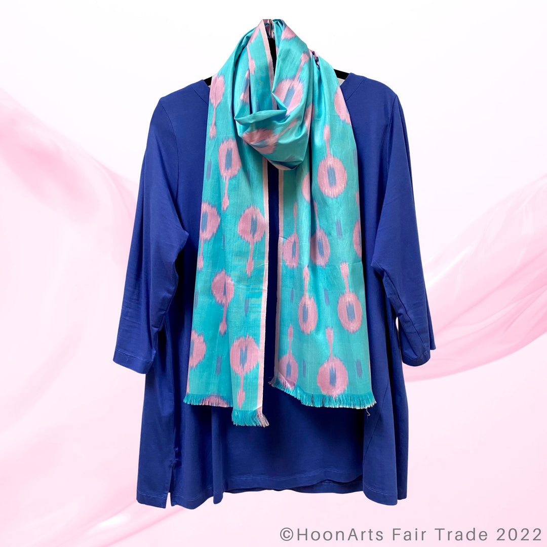 Turquoise & Pink Handwoven Ikat Scarf wrap around neck with blouse