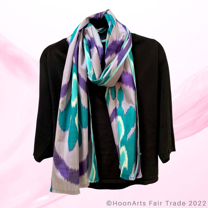 Teal & Purple Ikat Scarf wrap around neck with blouse