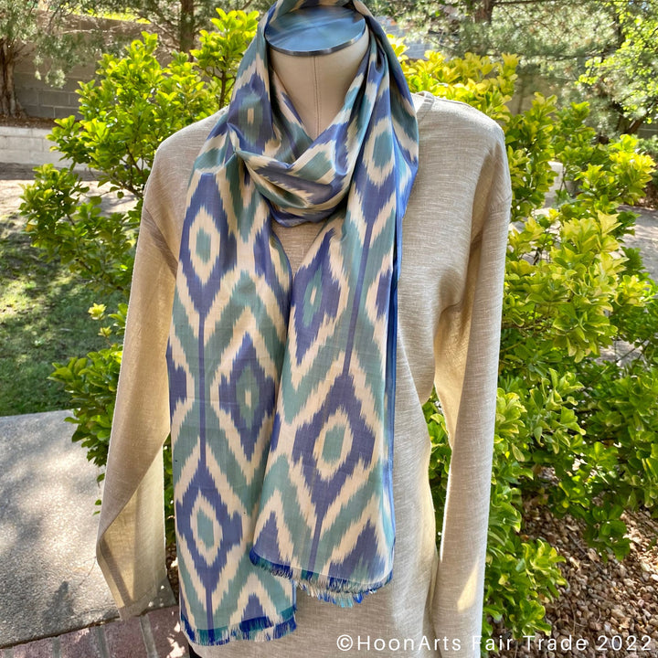 Blue, Green & Golden Diamonds Silk Ikat Scarf wrap on neck mannequin