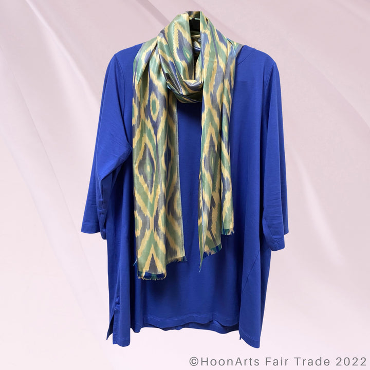 Blue, Green & Golden Diamonds Silk Ikat Scarf wrap around neck with blouse 2